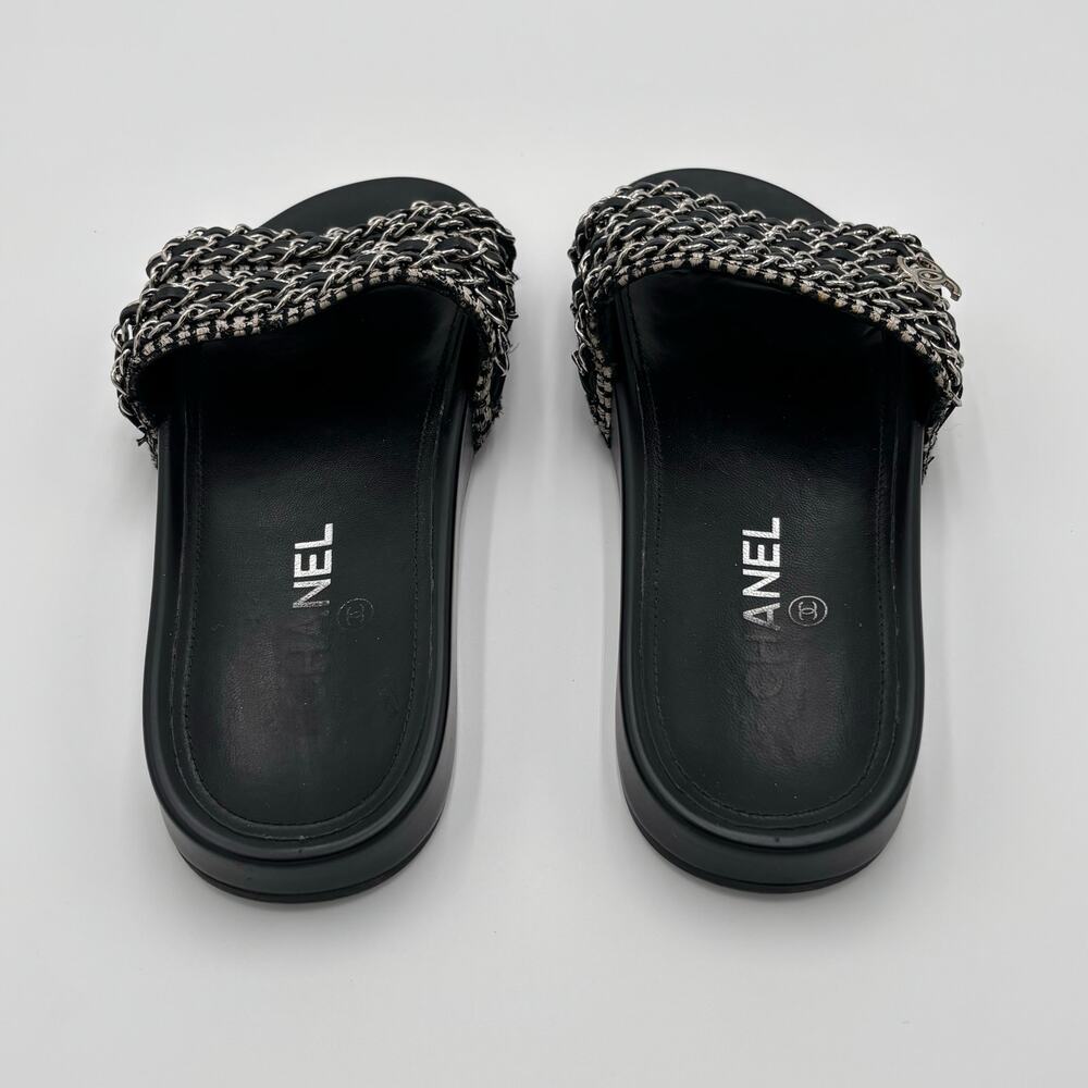 Chanel CC Chain Slide Sandals Flat Canvas Slip On Shoes Black Tweed Size 38 - Picture 8 of 14